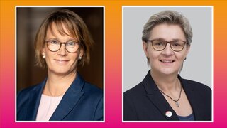 Orange-pinke Grafik mit Porträtfotos von Melanie Schlotzhauer, Senatorin der Behörde für Arbeit, Gesundheit, Soziales, Familie und Integration in Hamburg sowie Vorsitzende der 101. Arbeits- und Sozialministerkonferenz und Claudia Mandrysch, Vorständin des AWO Bundesverband e. V.